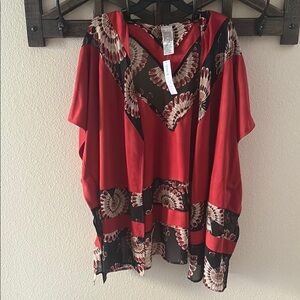 Chico's rich paprika and Black color print faux suede covering ruana